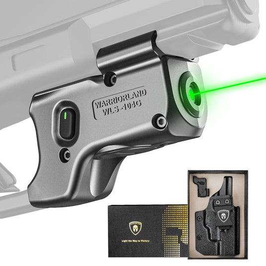 Green Laser Sight WLS-104G and Kydex Holster Combo Tailored Fit Glock 17/19/19X/23/31/32/44/45, Ultra Compact G19 Beam Sight, Gun Sight with Ambidextrous On/Off Switch & Power Indicator|WARRIORLAND WARRIORLAND