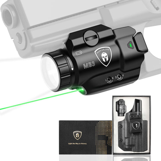 WARRIORLAND MB3 Pistol Light and Kydex Holster, Fit for S&W M&P 9 M2.0/M1.0 Compact 4.0'', Compact 500 Lumens Universal Rail Mounted Tactical Weapon Light with Green Laser & White LED, Power Indicator WARRIORLAND