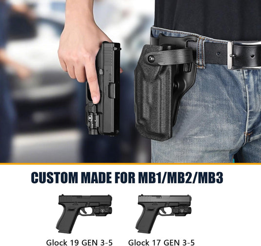 WARRIORLAND OWB Kydex Holster light bearing holster for Glock 17/19 Gen 3-5 - Thumb Release - Level II Retention - MB1/MB2/MB3 Compatible - Right Hand WARRIORLAND