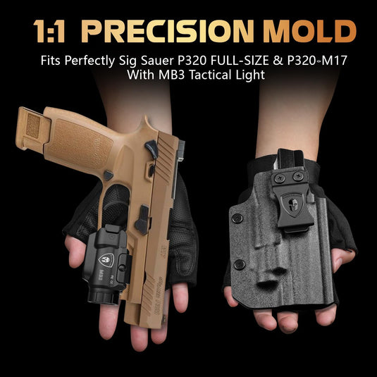 WARRIORLAND MB3 Pistol Light and Custom Kydex Holster, Fit for Sig P320 Full Size & P320-M17, Compact 500 Lumens Universal Rail Mounted Tactical Light with Green Laser & White LED, Power Indicator WARRIORLAND