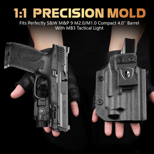 WARRIORLAND MB3 Pistol Light and Kydex Holster, Fit for S&W M&P 9 M2.0/M1.0 Compact 4.0'', Compact 500 Lumens Universal Rail Mounted Tactical Weapon Light with Green Laser & White LED, Power Indicator WARRIORLAND