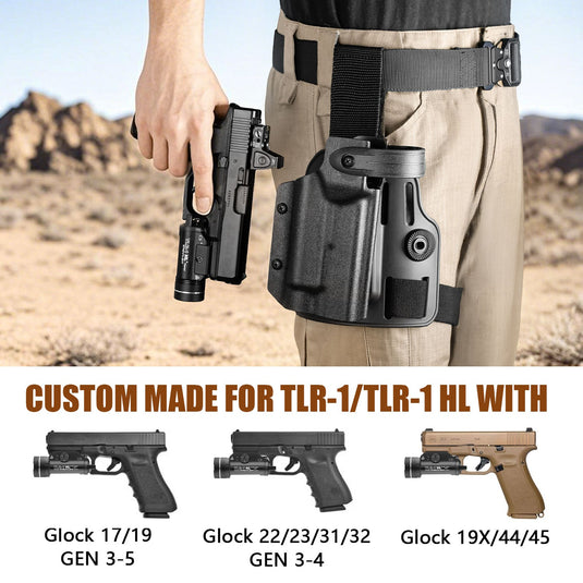 WARRIORLAND Drop Leg Platform for Glock 17/19 (Gen3-5), Glock 22/23/31/32 (Gen3-4), Glock 19X/44/45 w/TLR-1- Level 2 Holster + Mag Holes - Adjustable (No Mag Pouches) Red dot compatible WARRIORLAND