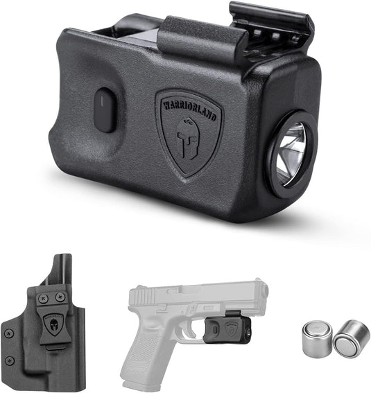 WARRIORLAND Mini Pistol Light with Kydex Holster Tailored Made Compatible with Glock 17/19/21/22 Gen 3 4 5 & G23/32 Gen 4 Pistol, 150 Lumen Glock Railed Handgun Light, LED Tactical Flashlight SL-1 WARRIORLAND