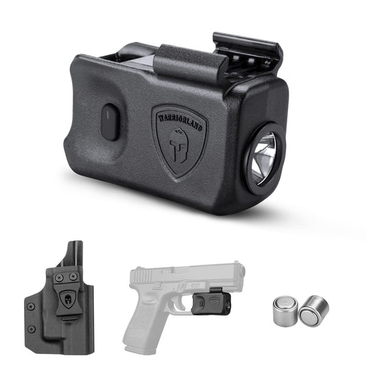 WARRIORLAND Mini Pistol Light with Kydex Holster Tailored Made Compatible with Glock 17/19/21/22 Gen 3 4 5 & G23/32 Gen 4 Pistol, 150 Lumen Glock Railed Handgun Light, LED Tactical Flashlight SL-1 WARRIORLAND