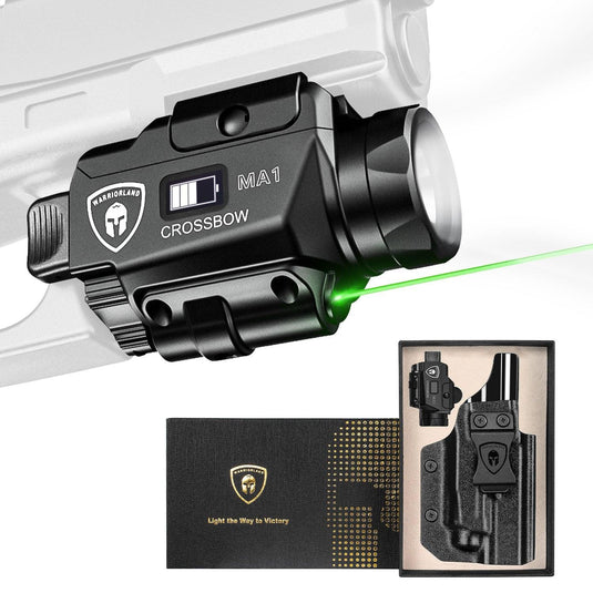 Universal Light Laser Combo with Glock 17/19 KYDEX Holster, Green Laser & White LED Tactical Light, Magnetic USB Rechargeable Flashlight-Screen Displays Battery Status, Crossbow MA1|WARRIORLAND WARRIORLAND