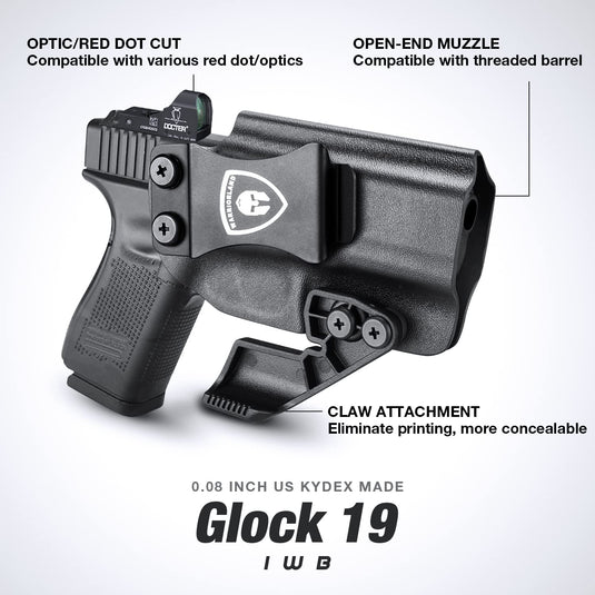 Glock 17/19/26/44/45/23/32 IWB Kydex Holsters with 1.75 Inch Steel Clip Claw Attachment, Red Dot Cut, Right Hand | WARRIORLAND WARRIORLAND