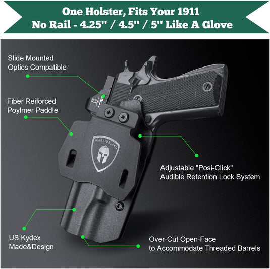 1911 OWB Kydex Holster, Made for 1911 5'' No Rail Pistol, Right Hand | WARRIORLAND WARRIORLAND