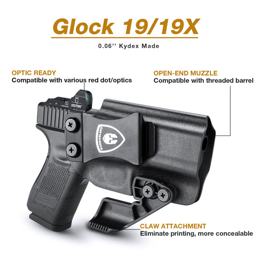 Glock 19/19X IWB Optic Ready Holster with Claw , Metal Belt Clip, 0.06 inch Kydex | Right / left Hand