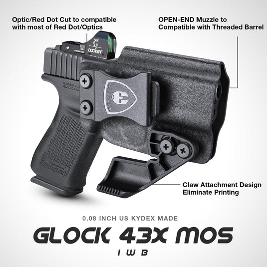 IWB Kydex Holster With Claw & Optics Cut For Glock 43, 43X, 43X MOS - Right Hand
