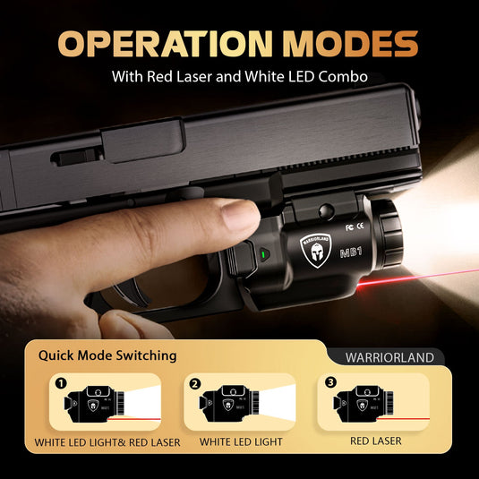 WARRIORLAND MB1 500 Lumens Pistol Light with Red Laser White LED Combo, Compact Weapon Light with Universal Rails fit for G17 G19 P365 1911 and Other 60+ Models, Tactical Light with Battery Indicator