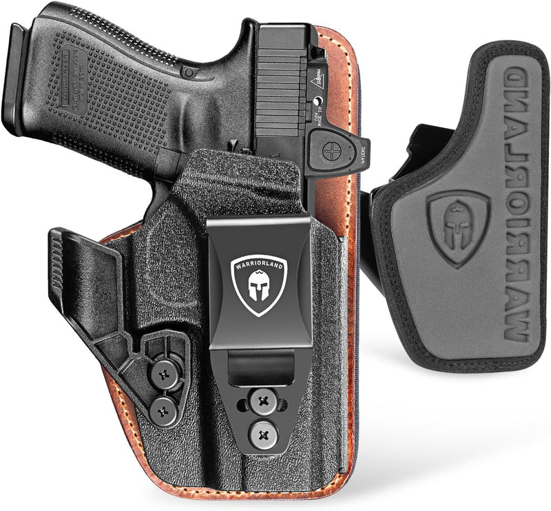 Load image into Gallery viewer, WARRIORLAND IWB Hybrid Holster Compatible with Glock 17/19/22/23 Gen 3-5, Glock 31/32 Gen 3-4, Glock 19X/44/45, Concealed Carry Polymer &amp; Leather Holster with Claw/Optics Cut Ready, Right Hand（Brown）
