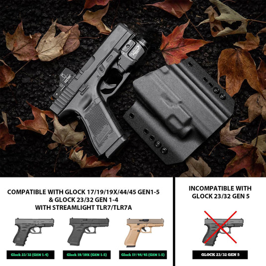 Glock 17/19 TLR7/TLR7A Holster OWB Kydex Holste,Fit: Glock 17 G19 G44 G45 GEN 1-5 G23 G32 Gen 3-4 w/TLR-7 TLR-7A, Right Hand | WARRIORLAND