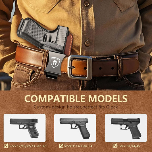 WARRIORLAND IWB Hybrid Holster Compatible with Glock 17/19/22/23 Gen 3-5, Glock 31/32 Gen 3-4, Glock 19X/44/45, Concealed Carry Polymer & Leather Holster with Claw/Optics Cut Ready, Right Hand（Brown）