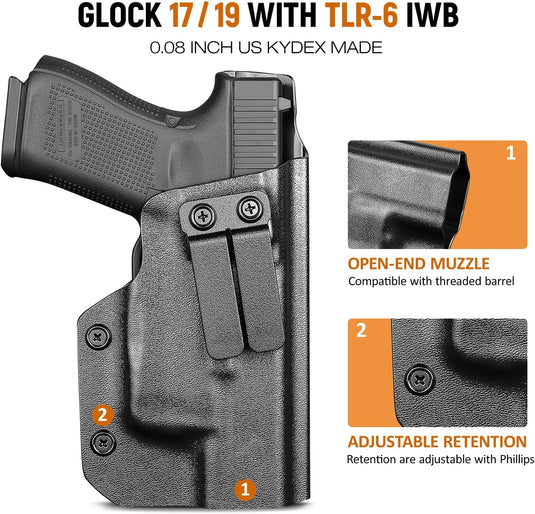 IWB Kydex Holster for Glock 19 with TLR8/ TLR8A, Fit Glock 17/19 Gen 3-5, 23/32 Gen 3-4 & 19X/ 44/45, Inside Waistband Conceal Carry, Optic Cut, Adj. Cant & Retention, Right Hand