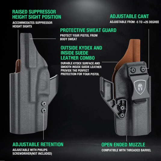 Glock 19/19X/44/45Gen(1-5)&G23/32 Gen(3-4) - Leather Lined Kydex Hybrid IWB Holster, Inside Waistband carry Right Hand | WARRIORLAND