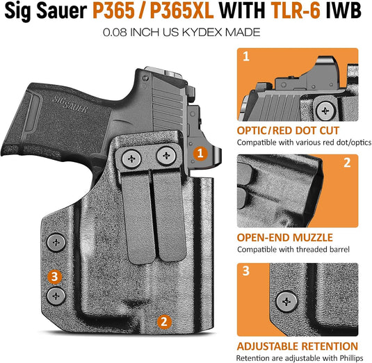 IWB Kydex Holster for P365 with TLR6, Fit Sig Sauer P365/ P365 SAS/ P365XL, Inside Waistband Conceal Carry, Optic Cut, Adj. Cant & Retention, Right Hand