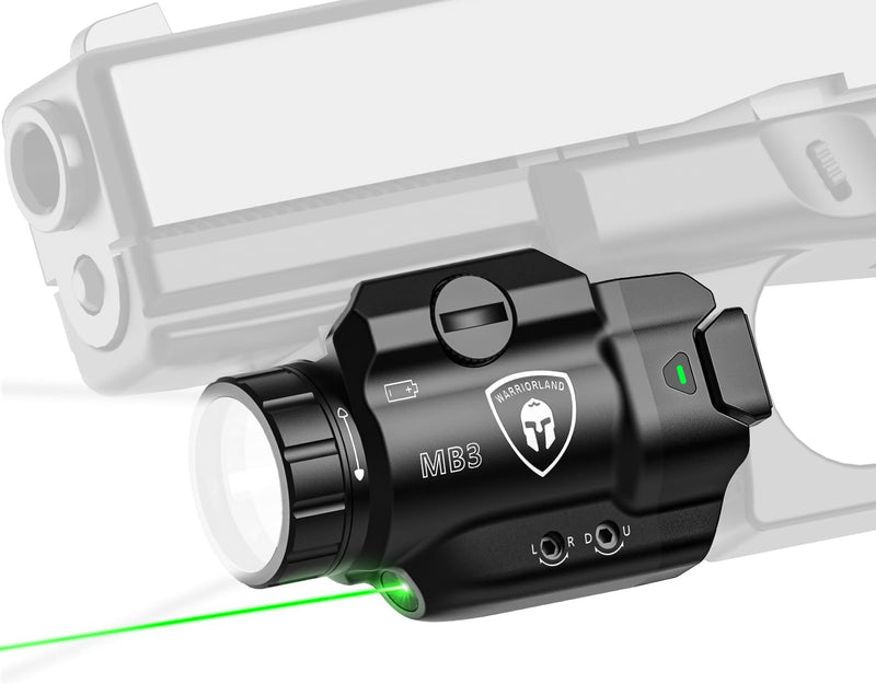 Load image into Gallery viewer, WARRIORLAND MB3 Compact Pistol Light, Fit for G17 /G19 /P365 /G3C /M&amp;P 9 /Hellcat Pro/1911 and Other 60+ Handguns, 500-Lumens Rail Mounted Tactical Weapon Light with Green Laser &amp; LED, Power Indicator
