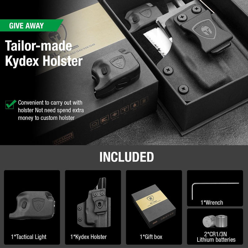 Load image into Gallery viewer, Mini Gun Light with Kydex Holster Custom Molded for Glock 43 / Glock 43X LED Tactical Pistol Handgun Flashlight | WARRIORLAND
