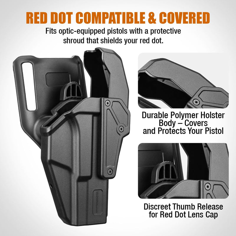 Load image into Gallery viewer, WARRIORLAND Level 2 Duty Holster for Glock 17/19 /22/23/34 Gen 3-5 &amp; G31/32 Gen3-4 &amp; 19X/44/45/47/49 &amp; MOS Version, Optic Cut with RDS Cover, Thumb Release, Fits 2.0&quot; Belt, Open-Muzzle Gun Holster

