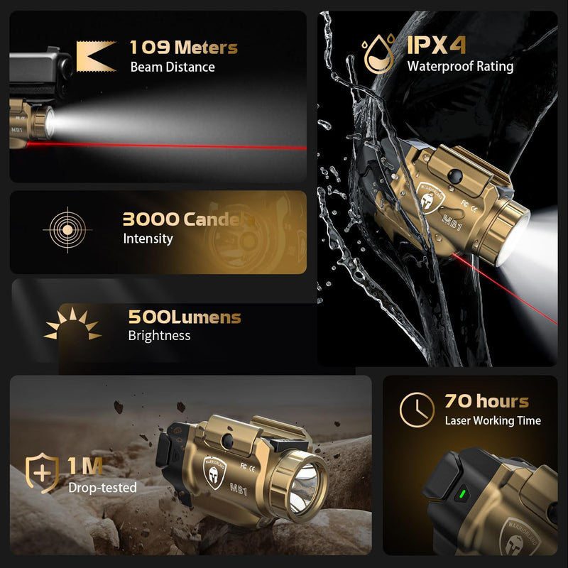 Load image into Gallery viewer, WARRIORLAND 500-Lumen FDE MB1 Pistol Light and IWB Kydex Holster, Fit for Springfield Hellcat Pro, Rail Mounted Tactical Weapon Light with Red Laser &amp; White LED, Power Indicator

