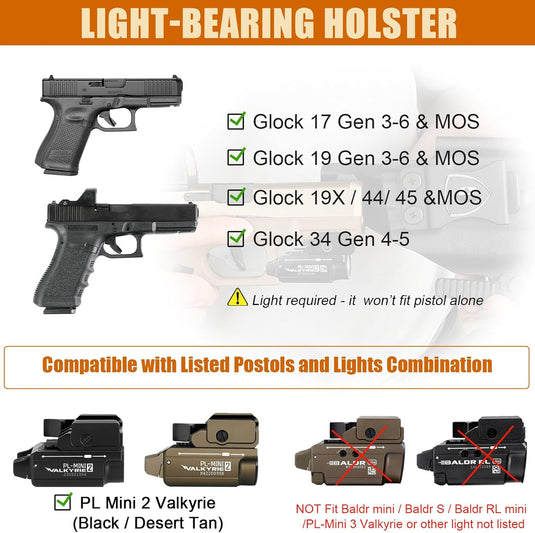 Glock 17/19 Gen3-6 / G19X / 44/45 / G34 Gen4-5 IWB Kydex Holster w/Claw - Olight PL Mini 2 Valkyrie Light Bearing, Optic Cut, Adj. Retention & Cant, Right Hand - WARRIORLAND