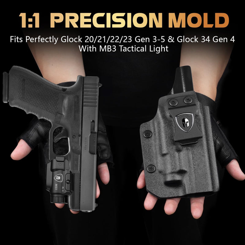 Load image into Gallery viewer, WARRIORLAND MB3 Pistol Light and Kydex Holster, Fit for Glock 20/21/22/23 Gen 3-5 &amp; Glock 34 Gen 4, Custom Optical Cut Holster &amp; Compact Universal Tactical Weapon Light with Green Laser &amp; White LED
