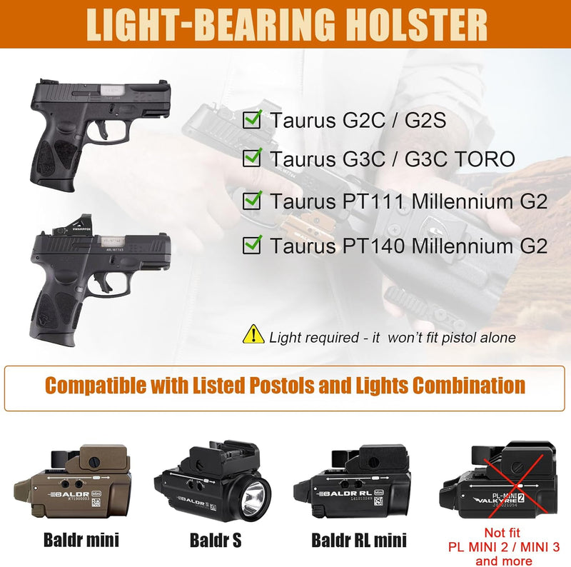 Load image into Gallery viewer, Taurus G2C / G3C / G2s / G3C Toro / PT111 / PT140 IWB Kydex Holster w/Claw - Olight Baldr S / Mini / RL Mini Light Bearing, Optic Cut, Adj. Retention &amp; Cant, Right Hand - WARRIORLAND
