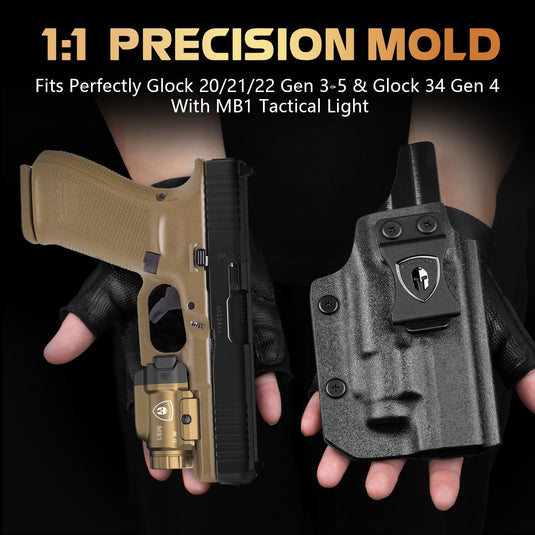 WARRIORLAND FDE MB1 Pistol Light & Holster Combo, Fit for Glock 20/21/22 Gen 3-5 & Glock 34 Gen 4, Compact 500-Lumen Rail Mounted Tactical Weapon Light with Red Laser & White LED, Power Indicator