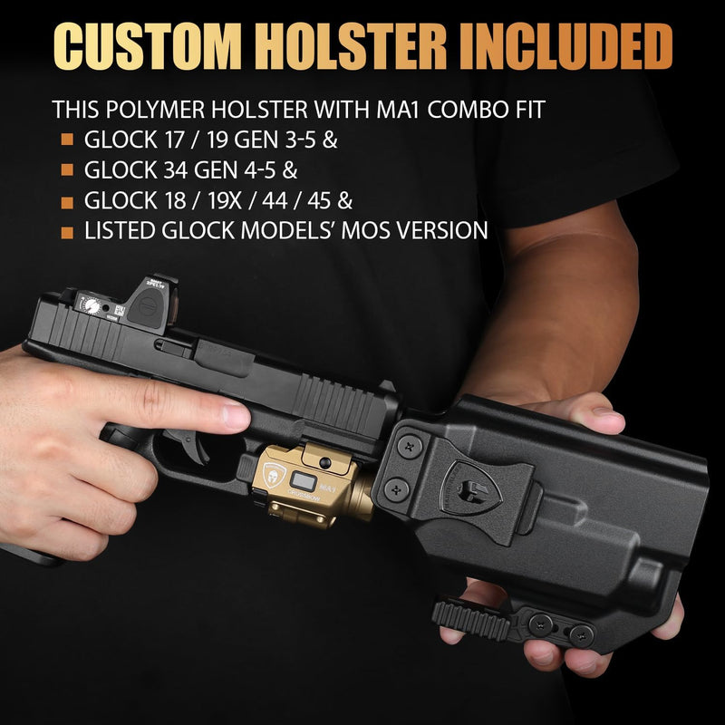 Load image into Gallery viewer, WARRIORLAND FDE MA1 800 Lumens Rail Mounted Universal Pistol Light, Combo Custom Holster for Glock 17/19 Gen 3-5 &amp; Glock 34 Gen 4-5 &amp; 18/19X/ 44/45 &amp; MOS, Rechargeable | Screen Power Status
