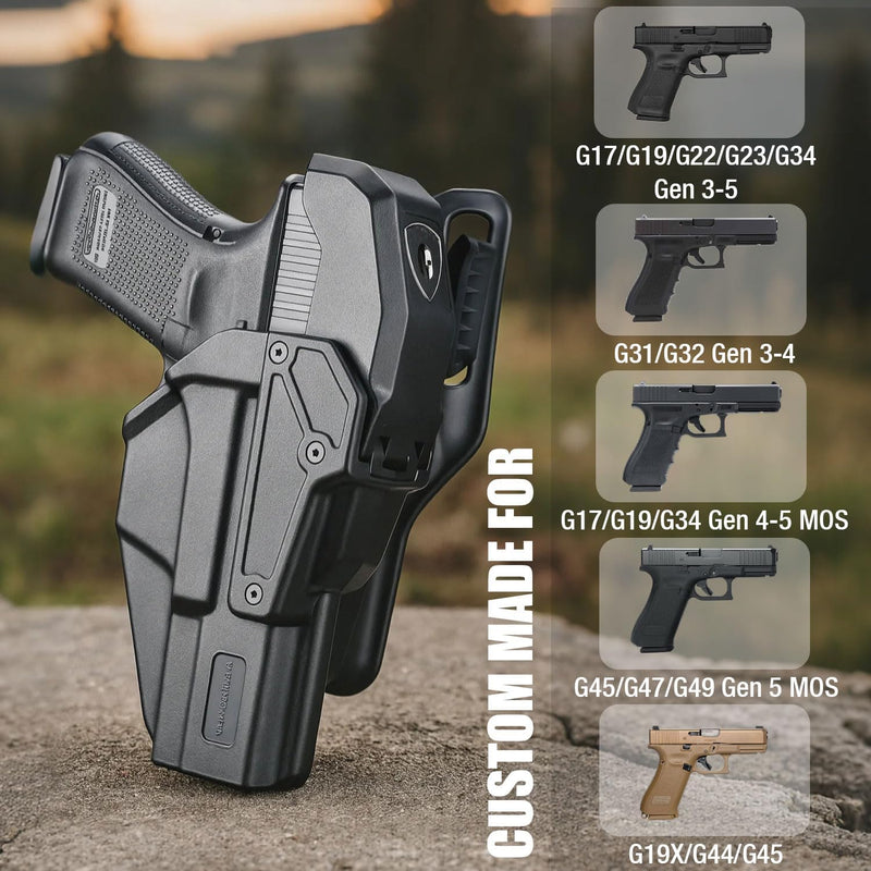 Load image into Gallery viewer, WARRIORLAND Level 2 Duty Holster for Glock 17/19 /22/23/34 Gen 3-5 &amp; G31/32 Gen3-4 &amp; 19X/44/45/47/49 &amp; MOS Version, Optic Cut with RDS Cover, Thumb Release, Fits 2.0&quot; Belt, Open-Muzzle Gun Holster
