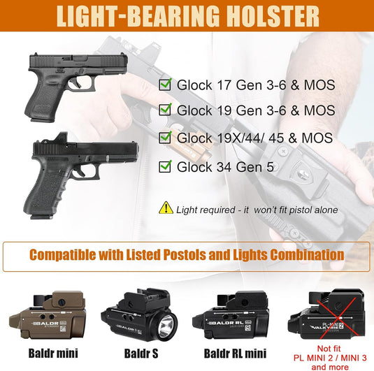 Glock 17/19 Gen3-6 / G19X / 44/45 / G34 Gen5 IWB Kydex Holster w/Claw - Olight Baldr S / Mini / RL Mini Light Bearing, Optic Cut, Adj. Retention & Cant, Right Hand - WARRIORLAND