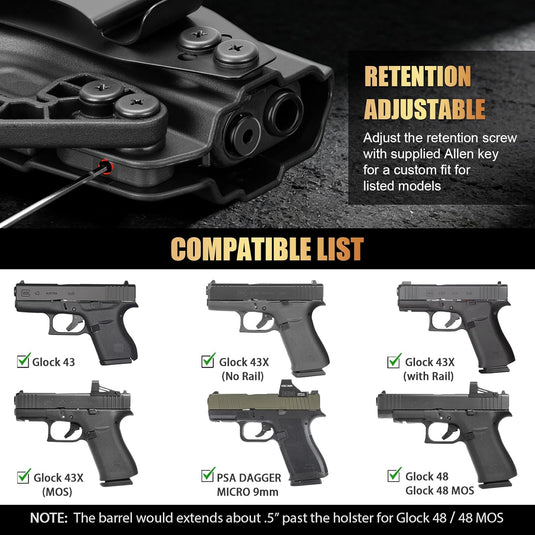 Glock 43 / 43X / 43X MOS IWB & OWB Holster - Optics Ready, Adj. Retention/Cant/Height, Removable Claw + Paddle, No Light/Laser, Right Hand - WARRIORLAND