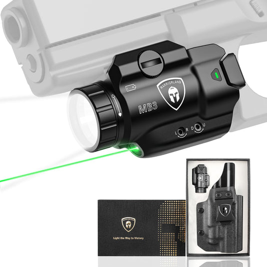 WARRIORLAND MB3 Pistol Light and Kydex Holster, Fit for Glock 20/21/22/23 Gen 3-5 & Glock 34 Gen 4, Custom Optical Cut Holster & Compact Universal Tactical Weapon Light with Green Laser & White LED