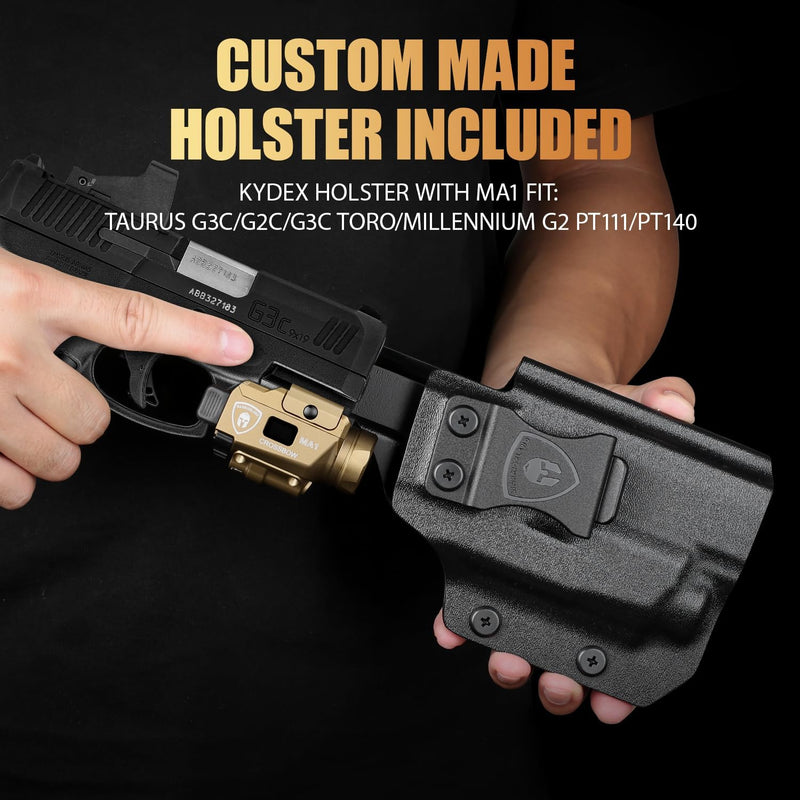 Load image into Gallery viewer, WARRIORLAND 800-Lumen FDE MA1 Pistol Laser LED Light &amp; Holster Combo, Fit for Taurus G3C/G2C/G3C Toro / /Millennium G2 PT111/PT140, Magnetic USB Rechargeable | Screen Power Status
