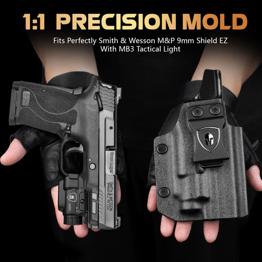 WARRIORLAND MB3 Pistol Light and Custom Kydex Holster, Fit for M&P 9mm Shield EZ, Compact 500 Lumens Universal Rail Mounted Tactical Weapon Light with Green Laser & White LED, Power Indicator