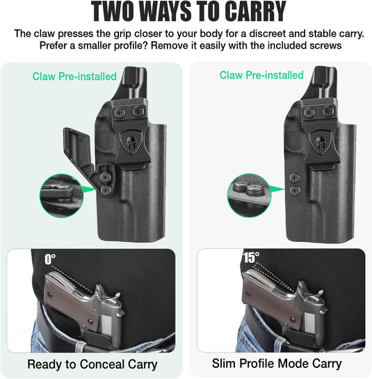 WARRIORLAND IWB Kydex Holster w/Claw & Optic Cut for 5" No-Rail 1911 (Colt · Kimber · Springfield · Ruger · S&W · Sig · RIA · Tisas) - Concealed Carry, Adjustable Cant & Retention, Right Hand Draw