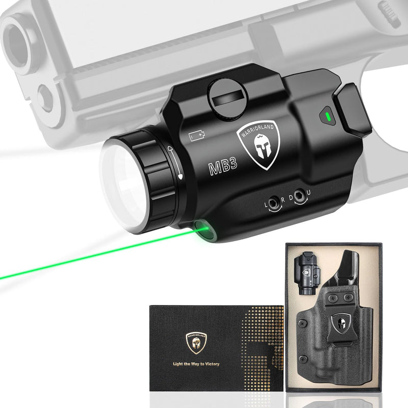 Load image into Gallery viewer, WARRIORLAND MB3 Pistol Light and Custom Kydex Holster, Fit for M&amp;P 9mm Shield EZ, Compact 500 Lumens Universal Rail Mounted Tactical Weapon Light with Green Laser &amp; White LED, Power Indicator
