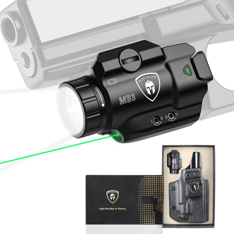 Load image into Gallery viewer, WARRIORLAND MB3 Pistol Light and Custom Kydex Holster, Fit for Springfield Hellcat Pro, Compact 500 Lumens Universal Rail Mounted Tactical Weapon Light with Green Laser &amp; White LED, Power Indicator
