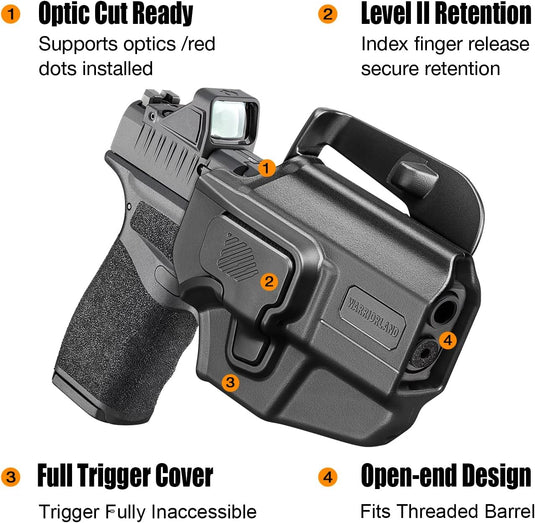 Universal OWB Paddle Holster Optic Cut - Fits 40+ Compact Pistols: Glock 19/26/43X, M&P Shield Plus, Hellcat/Pro, FN Reflex, Taurus G3C & More - Right Hand - WARRIORLAND