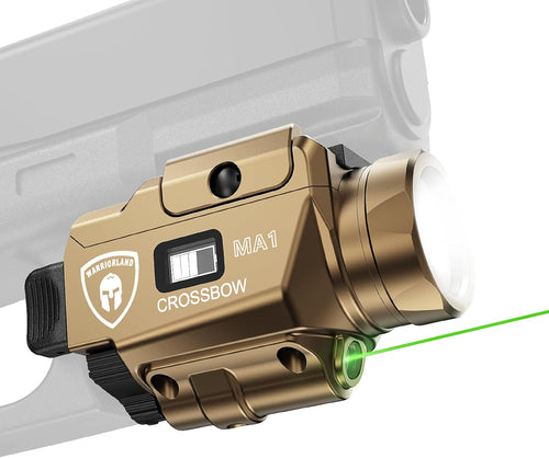 WARRIORLAND Compact MA1 800-Lumen Pistol Light FDE, Fits G17/ G19 / P320/ G2C/ Hellcat Pro/Echelon and Other 100+ Models, with Green Laser White LED Combo, Tactical Flashlight with Battery Indicator