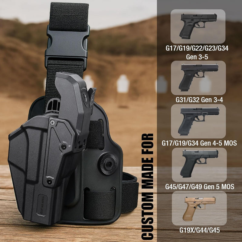 Load image into Gallery viewer, WARRIORLAND Level 2 Drop Leg Holster for 17/19/ 22/23/34 Gen 3-5 &amp; G31/32 Gen 3-4 &amp; 19X/44/45/47/49 &amp; MOS Version, Optic Cut with RDS Cover, Tactical Thigh Holster with Adj. Heigh, Open Muzzle Design
