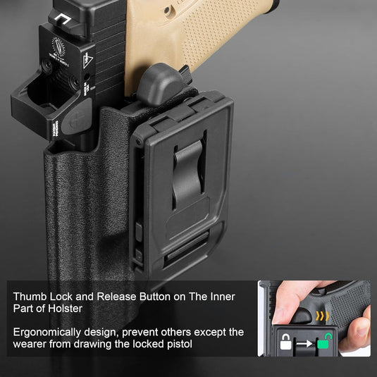 Glock 17/19/19X/45 Holster OWB Kydex Optic Cut - Thumb Release, Fits Gen 3-5 & G23/G32/G44, 360° Adjustable Cant, 1.5"-2.25" Belt, Right Hand - WARRIORLAND