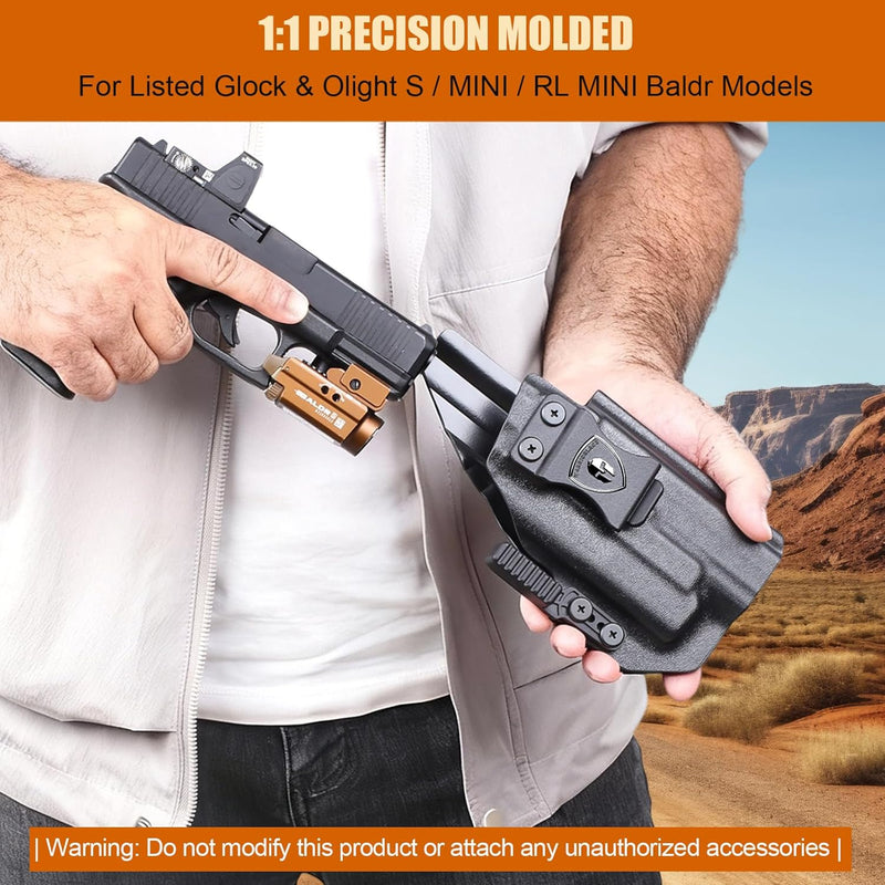 Load image into Gallery viewer, Glock 17/19 Gen3-6 / G19X / 44/45 / G34 Gen5 IWB Kydex Holster w/Claw - Olight Baldr S / Mini / RL Mini Light Bearing, Optic Cut, Adj. Retention &amp; Cant, Right Hand - WARRIORLAND
