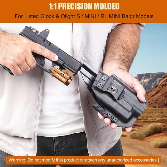 Glock 17/19 Gen3-6 / G19X / 44/45 / G34 Gen5 IWB Kydex Holster w/Claw - Olight Baldr S / Mini / RL Mini Light Bearing, Optic Cut, Adj. Retention & Cant, Right Hand - WARRIORLAND