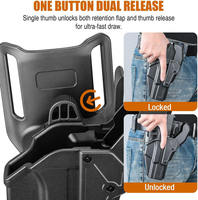 Load image into Gallery viewer, WARRIORLAND Level 2 Duty Holster for Glock 17/19 /22/23/34 Gen 3-5 &amp; G31/32 Gen3-4 &amp; 19X/44/45/47/49 &amp; MOS Version, Optic Cut with RDS Cover, Thumb Release, Fits 2.0&quot; Belt, Open-Muzzle Gun Holster
