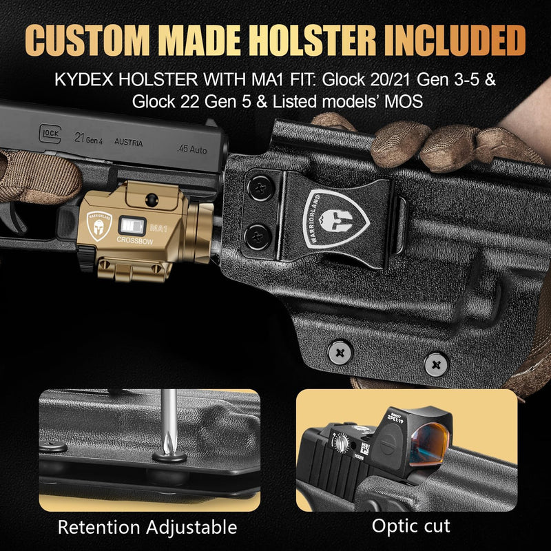 Load image into Gallery viewer, WARRIORLAND 800-Lumen FDE MA1 Pistol Laser LED Light &amp; IWB Holster Combo, Fit for Glock 20/21 Gen3-5 &amp; Glock 22 Gen5 &amp; Listed Models&#39; MOS, Magnetic USB Rechargeable | Screen Power Status
