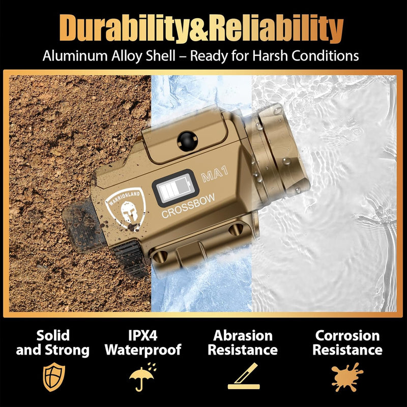 Load image into Gallery viewer, WARRIORLAND FDE MA1 800 Lumens Rail Mounted Universal Pistol Light, Combo Custom Holster for Glock 17/19 Gen 3-5 &amp; Glock 34 Gen 4-5 &amp; 18/19X/ 44/45 &amp; MOS, Rechargeable | Screen Power Status
