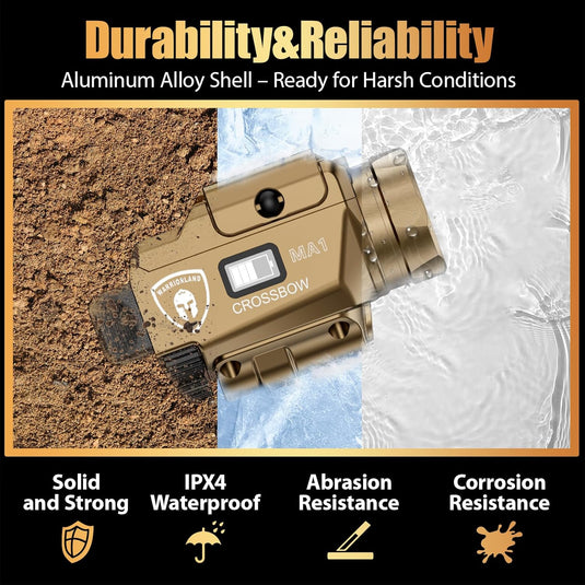 WARRIORLAND Compact MA1 800-Lumen Pistol Light FDE, Fits G17/ G19 / P320/ G2C/ Hellcat Pro/Echelon and Other 100+ Models, with Green Laser White LED Combo, Tactical Flashlight with Battery Indicator