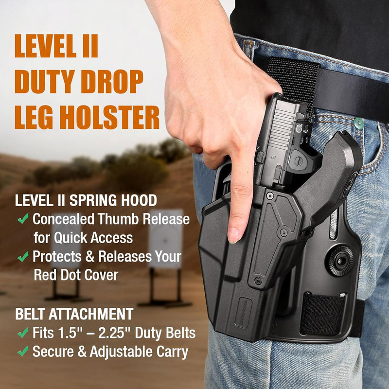 Load image into Gallery viewer, WARRIORLAND Level 2 Drop Leg Holster for 17/19/ 22/23/34 Gen 3-5 &amp; G31/32 Gen 3-4 &amp; 19X/44/45/47/49 &amp; MOS Version, Optic Cut with RDS Cover, Tactical Thigh Holster with Adj. Heigh, Open Muzzle Design
