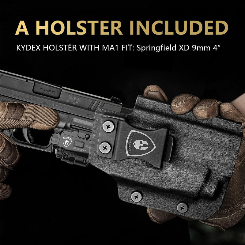 Load image into Gallery viewer, Springfield XD 9mm 4&quot; Pistol Light Laser Holster Combo - WARRIORLAND MA1 800 Lumen LED + Green Laser, Magnetic USB Rechargeable w/Screen Battery Indicator, IWB Right-Hand Kydex Holster w/Optics Cut
